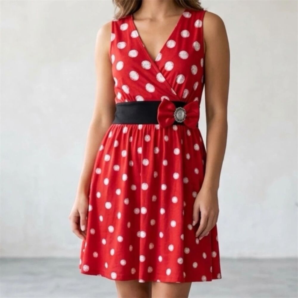 Disney Parks Minnie Mouse Dress Womens Sz XS Red Polka Dot Sleeveless Fit Flare